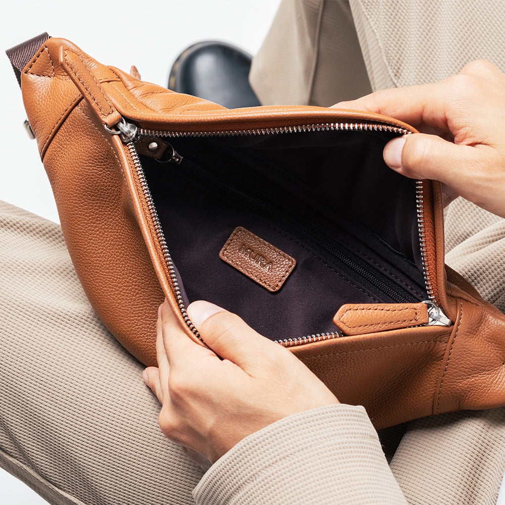 牛革シュリンクレザー YKKファスナー ボディバッグ ウエストポーチ