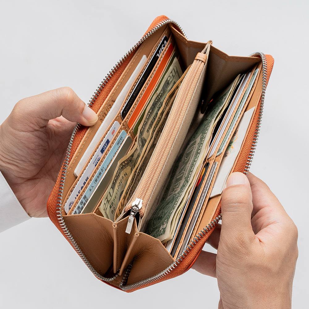 牛革 スキミング防止機能付き YKKラウンドファスナー 長財布