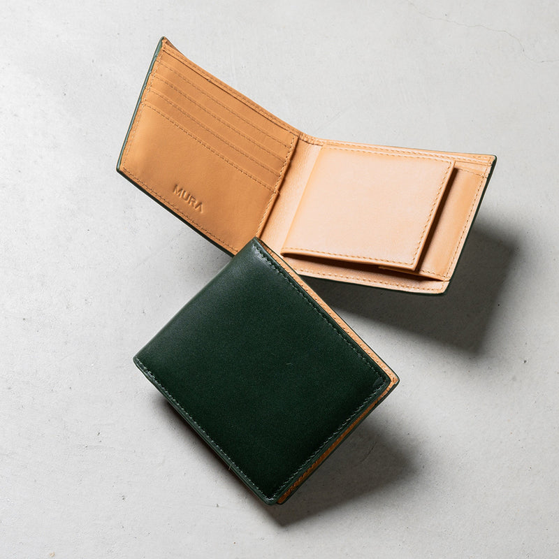 牛革 スキミング防止機能 ボックス型小銭入れ 二つ折り財布