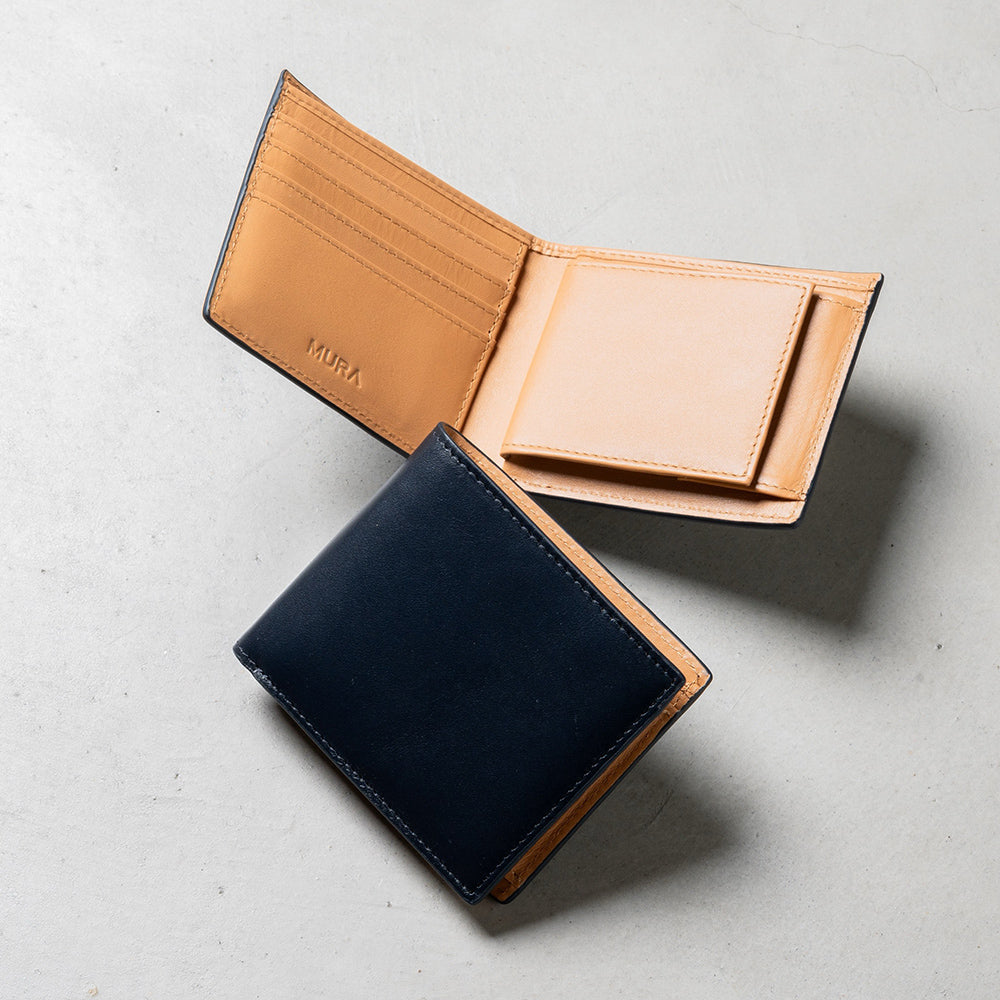 牛革 スキミング防止機能 ボックス型小銭入れ 二つ折り財布