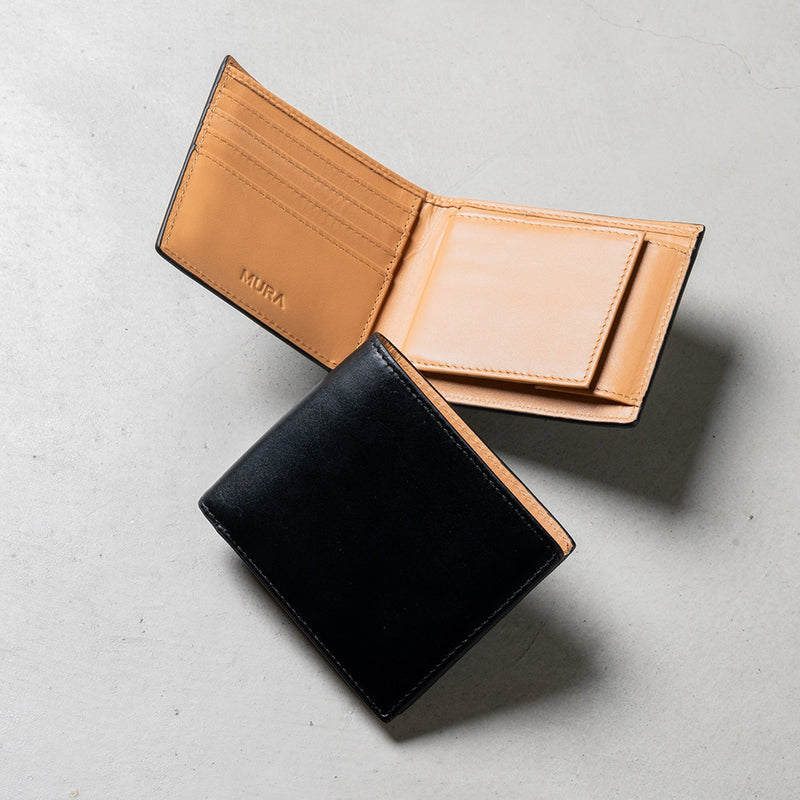 牛革 スキミング防止機能 ボックス型小銭入れ 二つ折り財布