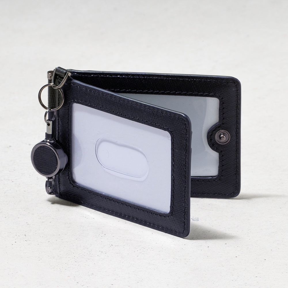 サフィアーノレザー 薄型 伸縮リール付 バタフライ式IDカードケース