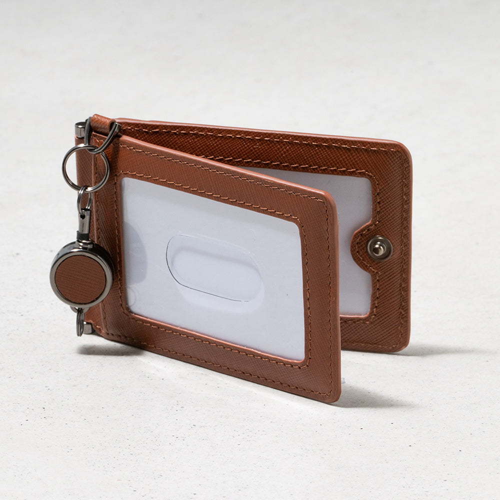 サフィアーノレザー 薄型 伸縮リール付 バタフライ式IDカードケース