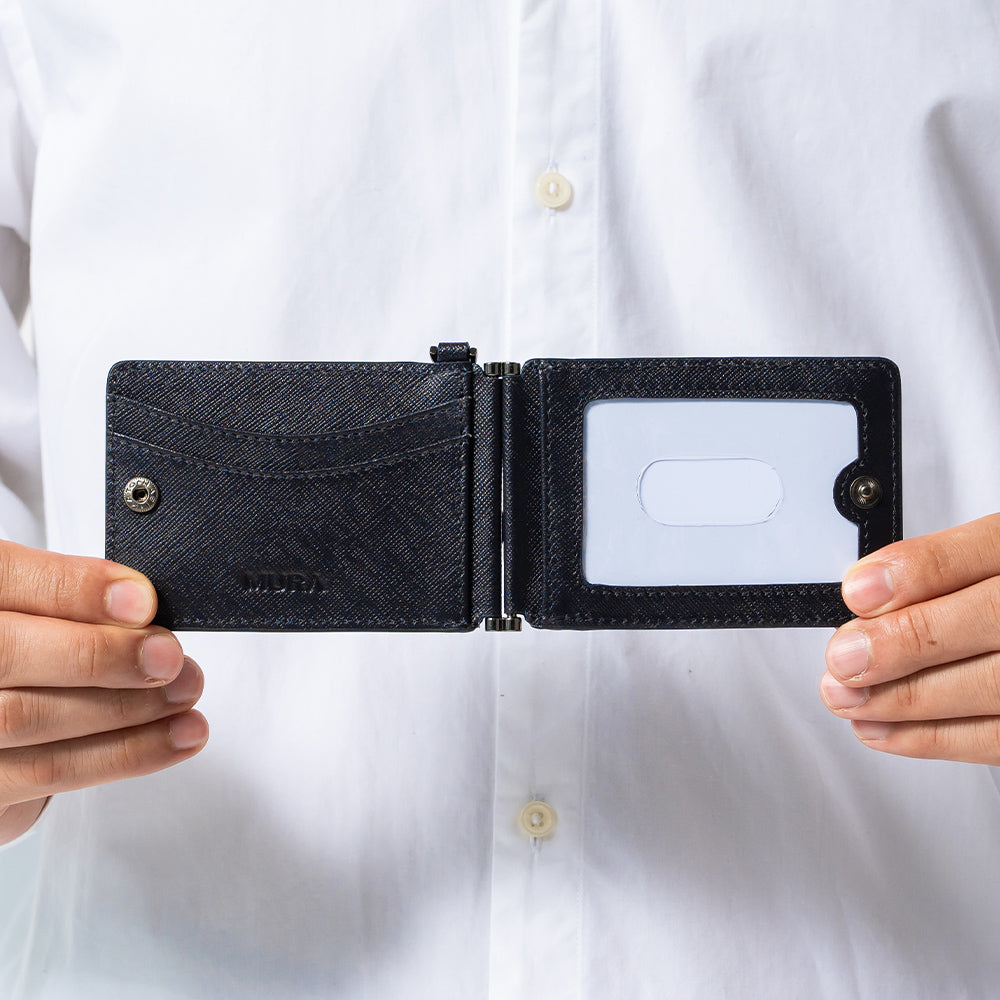 サフィアーノレザー 薄型 伸縮リール付 バタフライ式IDカードケース