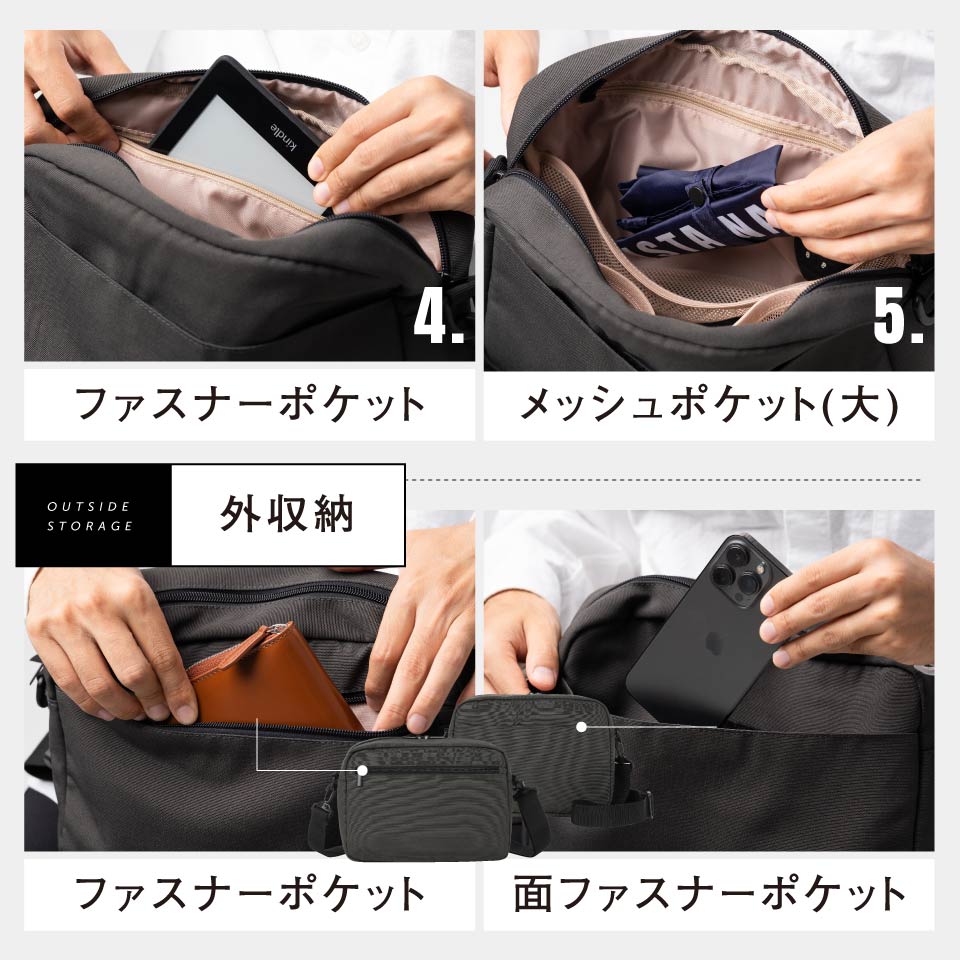 サスティナブル R-PET 撥水抗菌 7ポケット 大容量 スクエア ショルダーバッグ