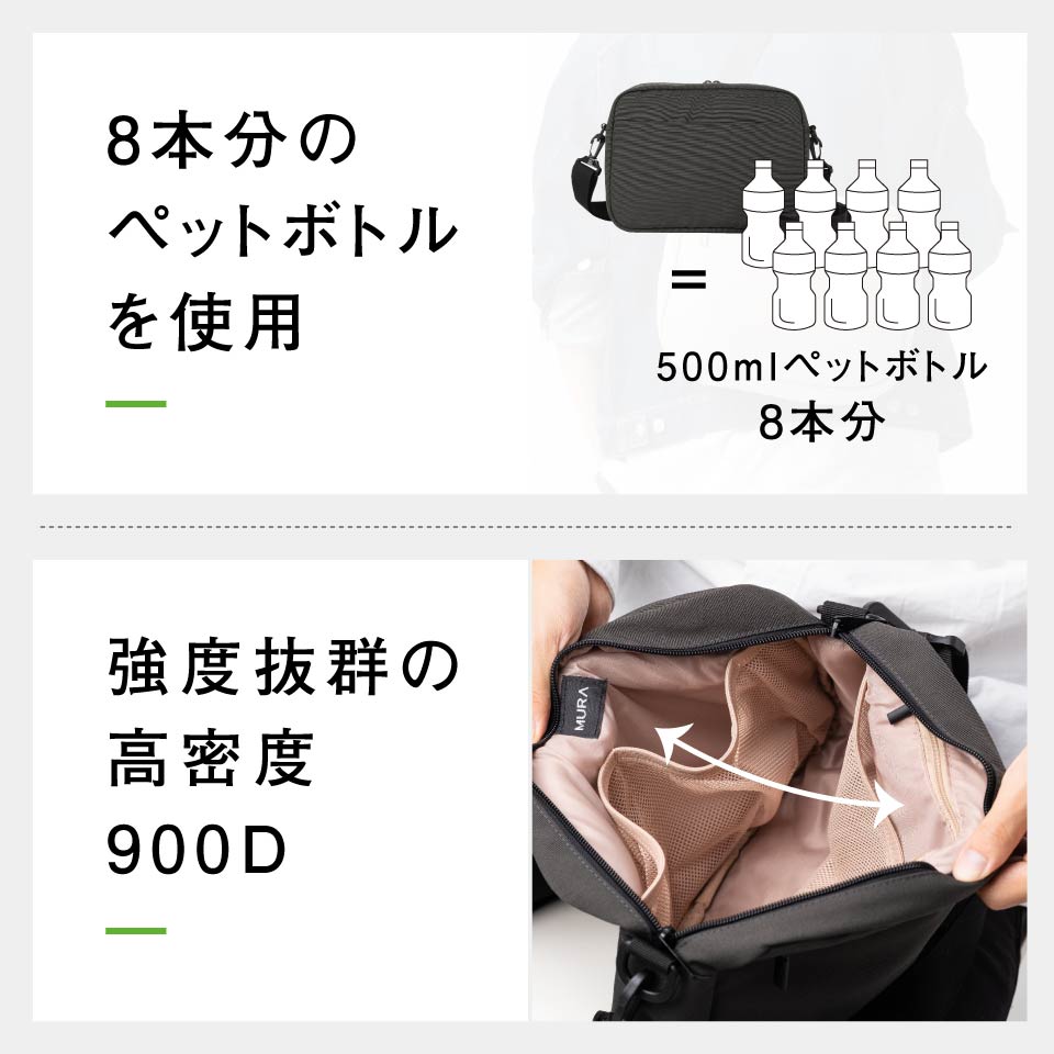 サスティナブル R-PET 撥水抗菌 7ポケット 大容量 スクエア ショルダーバッグ