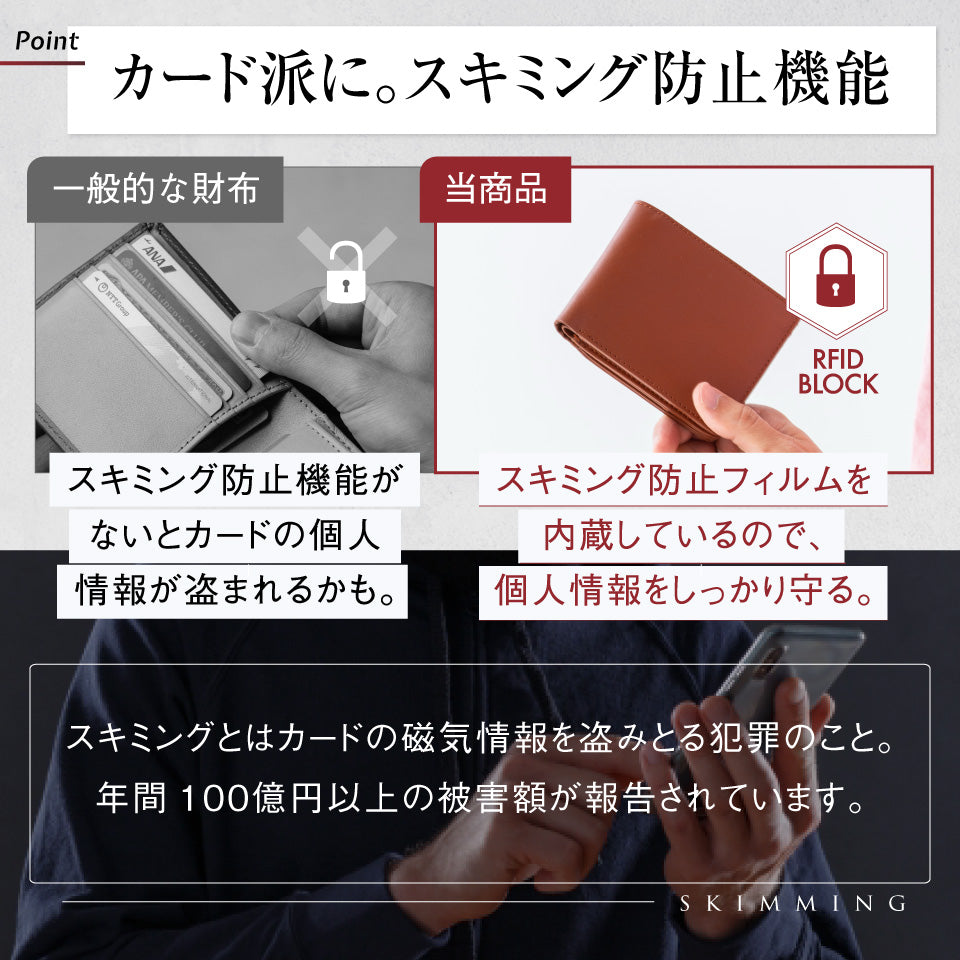 大容量カード収納15枚 牛本革 ボックス型小銭入れ スキミング防止 二つ折り財布