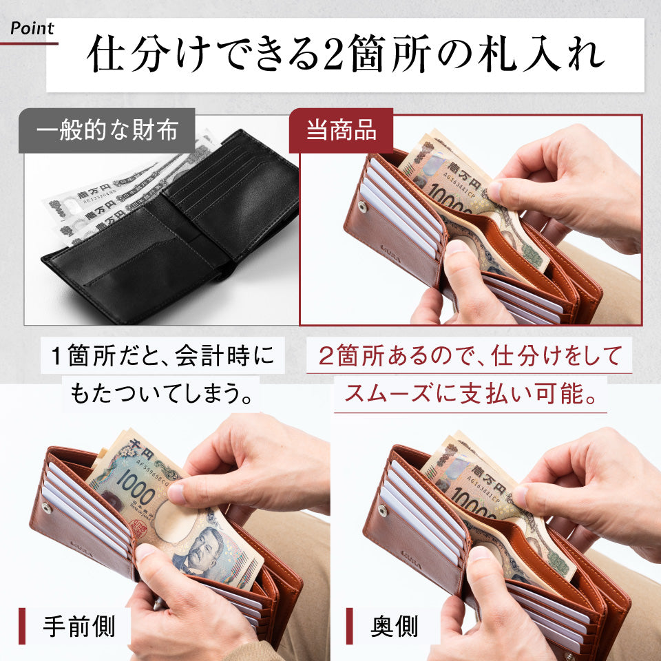 大容量カード収納15枚 牛本革 ボックス型小銭入れ スキミング防止 二つ折り財布