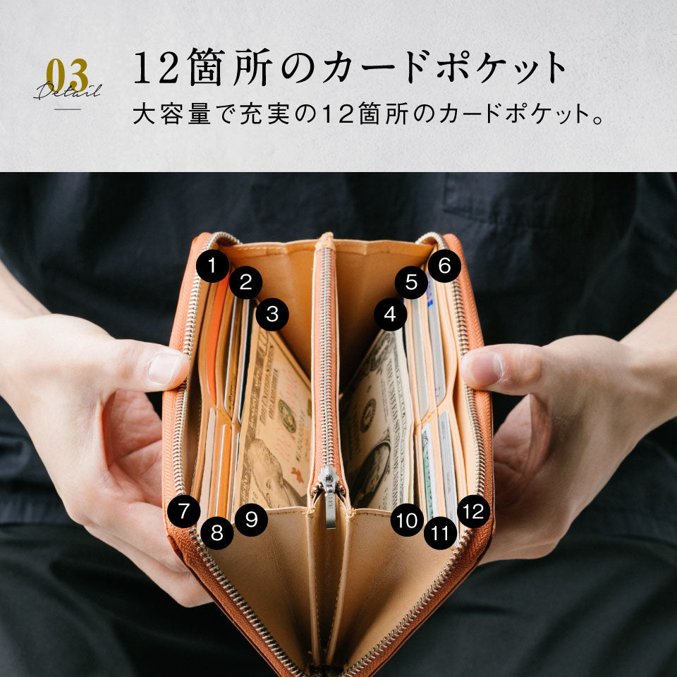イタリアン/フルグレイン レザー  YKKラウンドファスナー スキミング防止機能付き 長財布