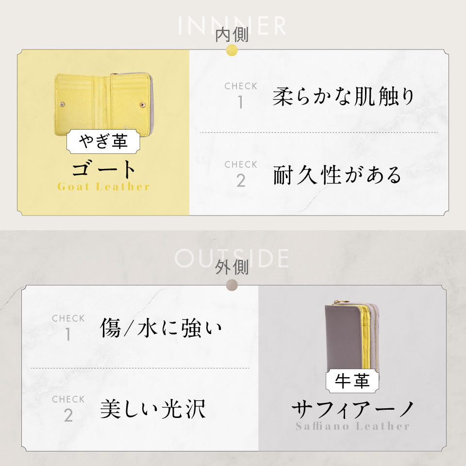 ツートンカラー サフィアーノ&ゴートレザー スキミング防止機能付き ラウンドファスナー 二つ折り財布