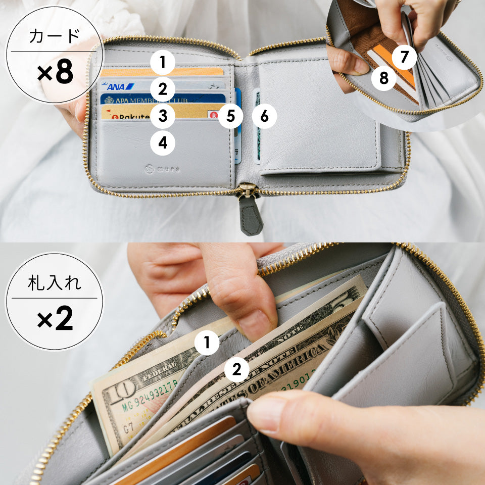 ラウンドファスナー ゴートレザー スキミング防止機能付き スクエア 二つ折り財布