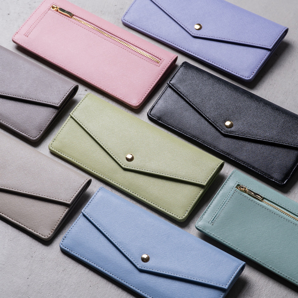 本革 サフィアーノレザー スキミング防止 コンパクト かぶせ蓋付き 薄型 長財布