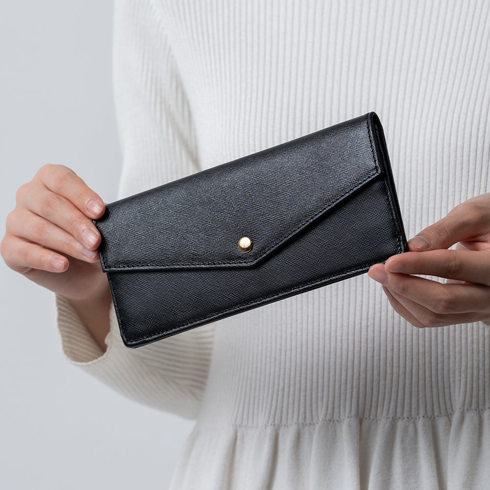 本革 サフィアーノレザー スキミング防止 コンパクト かぶせ蓋付き 薄型 長財布