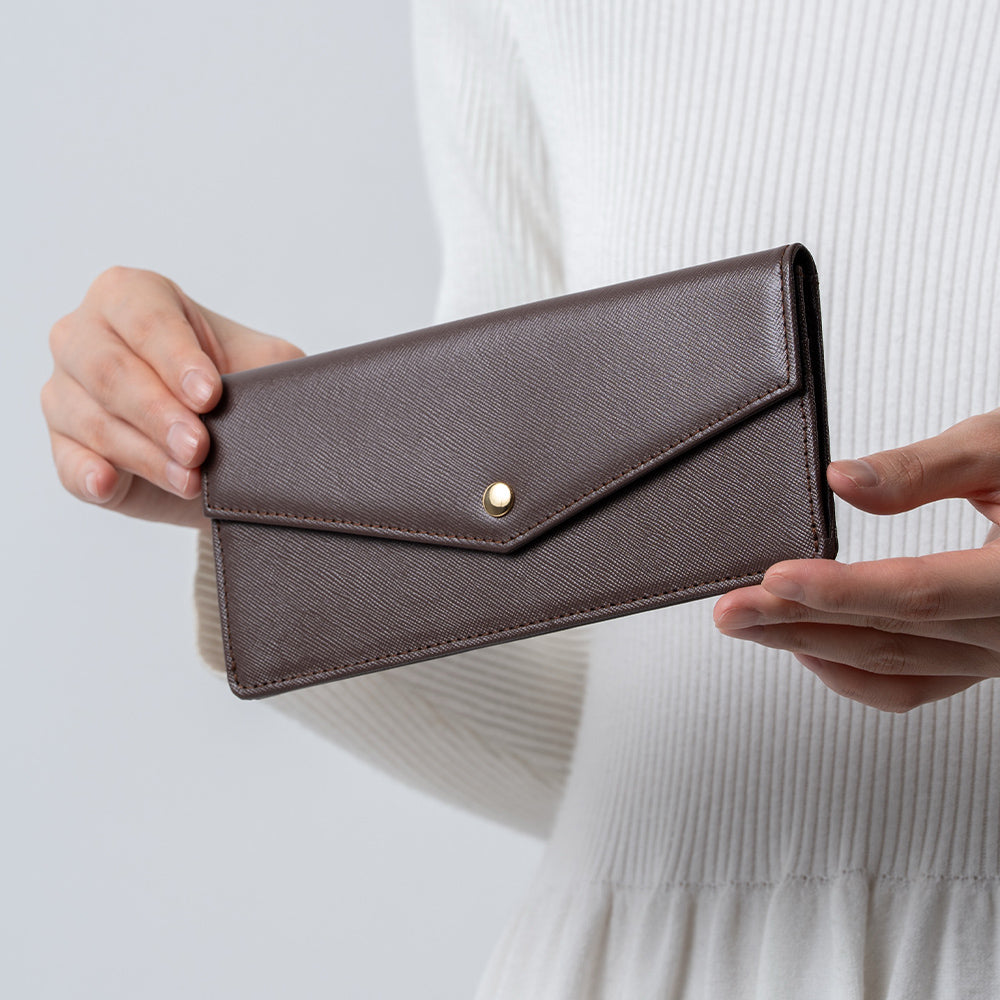 本革 サフィアーノレザー スキミング防止 コンパクト かぶせ蓋付き 薄型 長財布