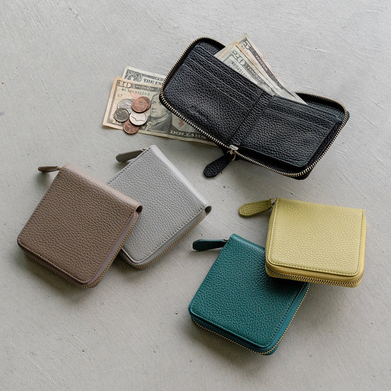 イタリアンレザー スキミング防止 スクエア ラウンドファスナー二つ折り財布