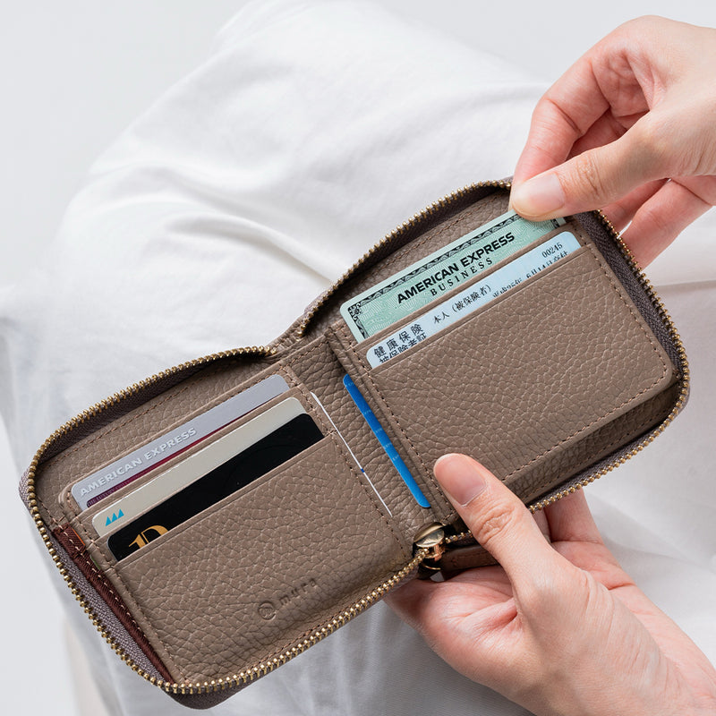 イタリアンレザー スキミング防止 スクエア ラウンドファスナー二つ折り財布