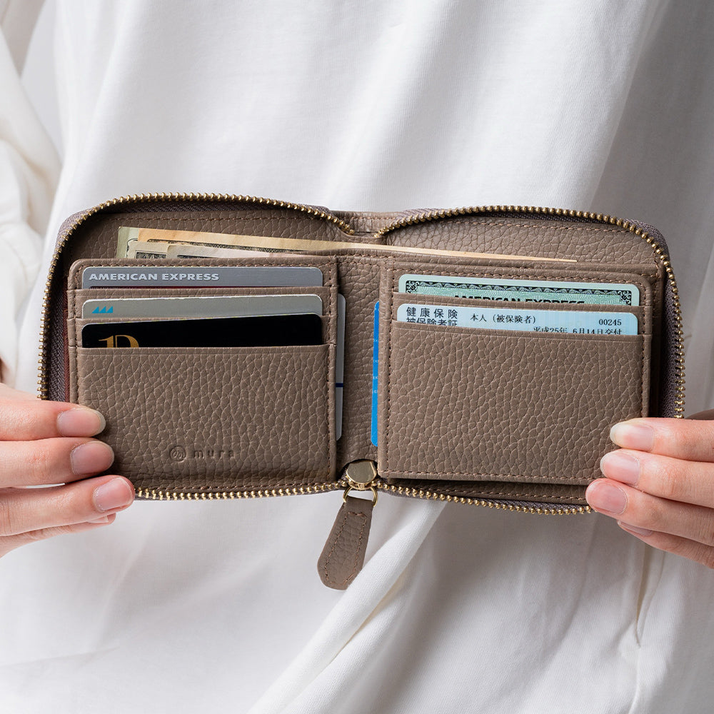 イタリアンレザー スキミング防止 スクエア ラウンドファスナー二つ折り財布