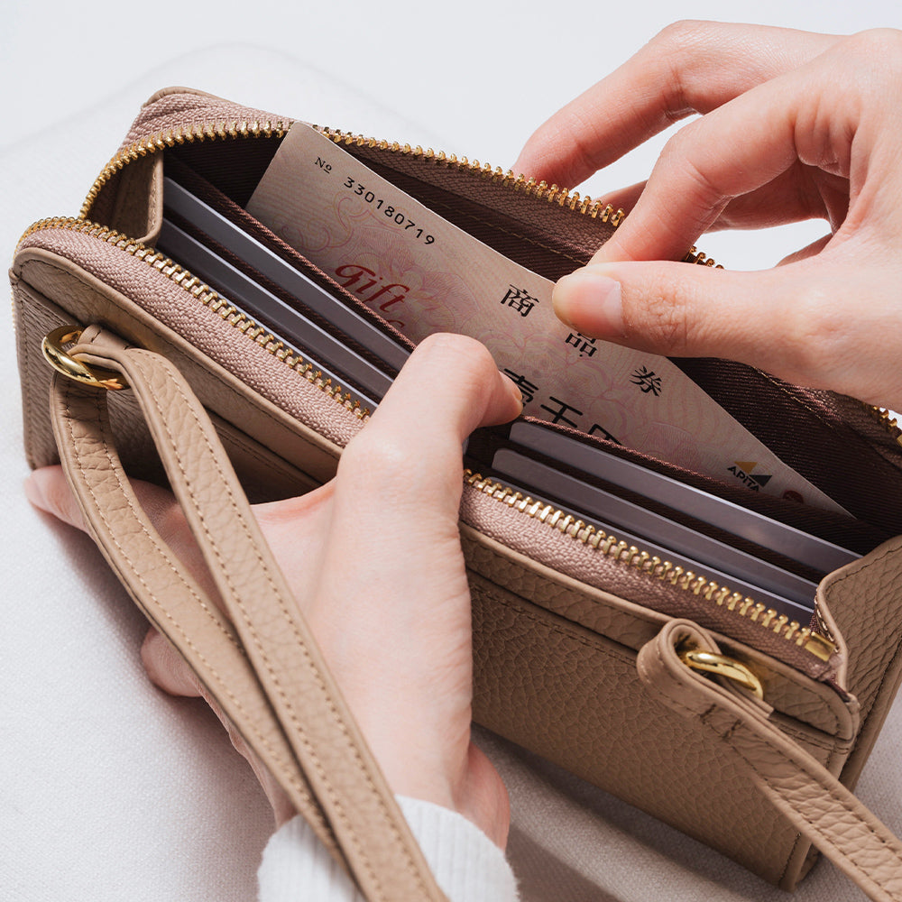 フルグレイン シュリンクレザー L字ファスナー財布付き 横型スマホショルダー