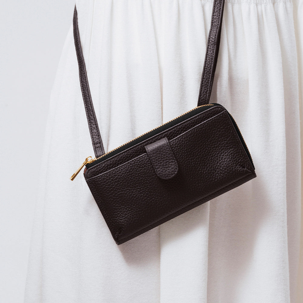 フルグレイン シュリンクレザー L字ファスナー財布付き 横型スマホショルダー