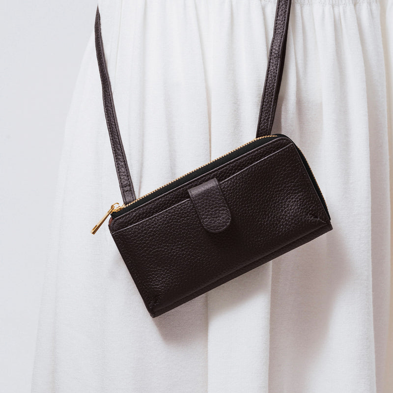 フルグレイン シュリンクレザー L字ファスナー財布付き 横型スマホショルダー