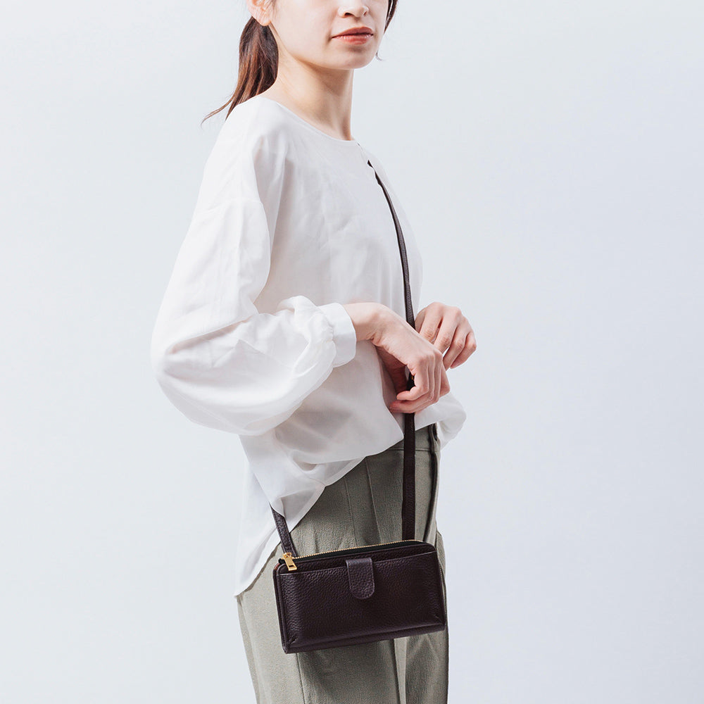 フルグレイン シュリンクレザー L字ファスナー財布付き 横型スマホショルダー