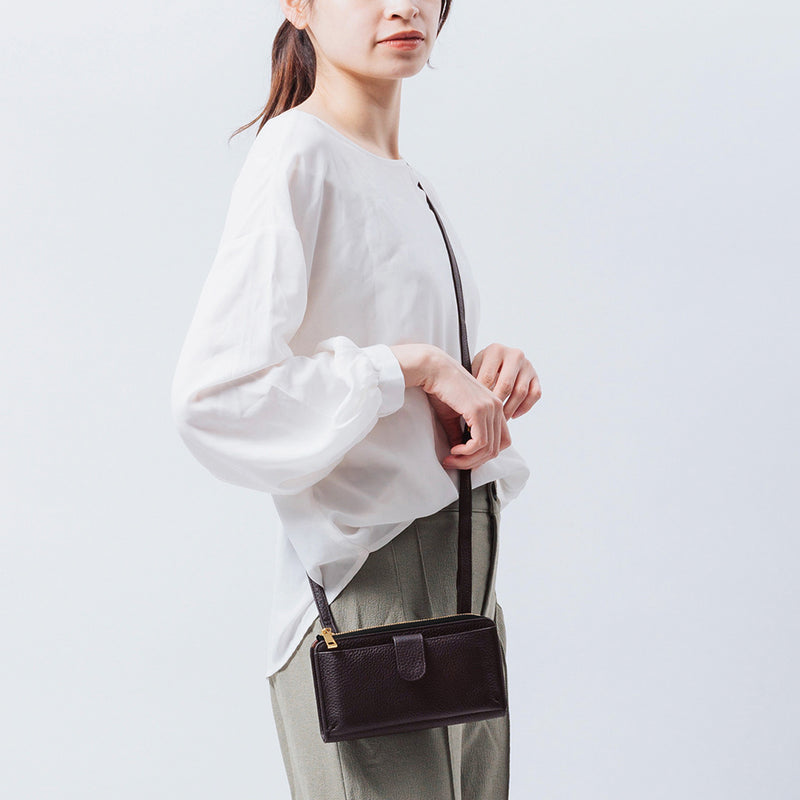 フルグレイン シュリンクレザー L字ファスナー財布付き 横型スマホショルダー