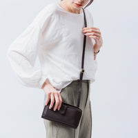 フルグレイン シュリンクレザー L字ファスナー財布付き 横型スマホショルダー