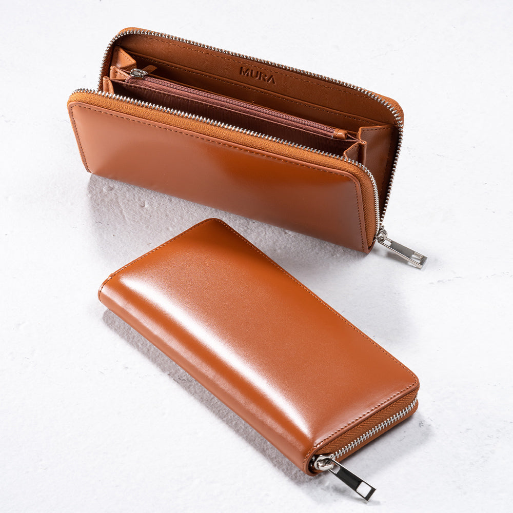 ラウンドファスナー コードバン調/カーボン レザー 長財布