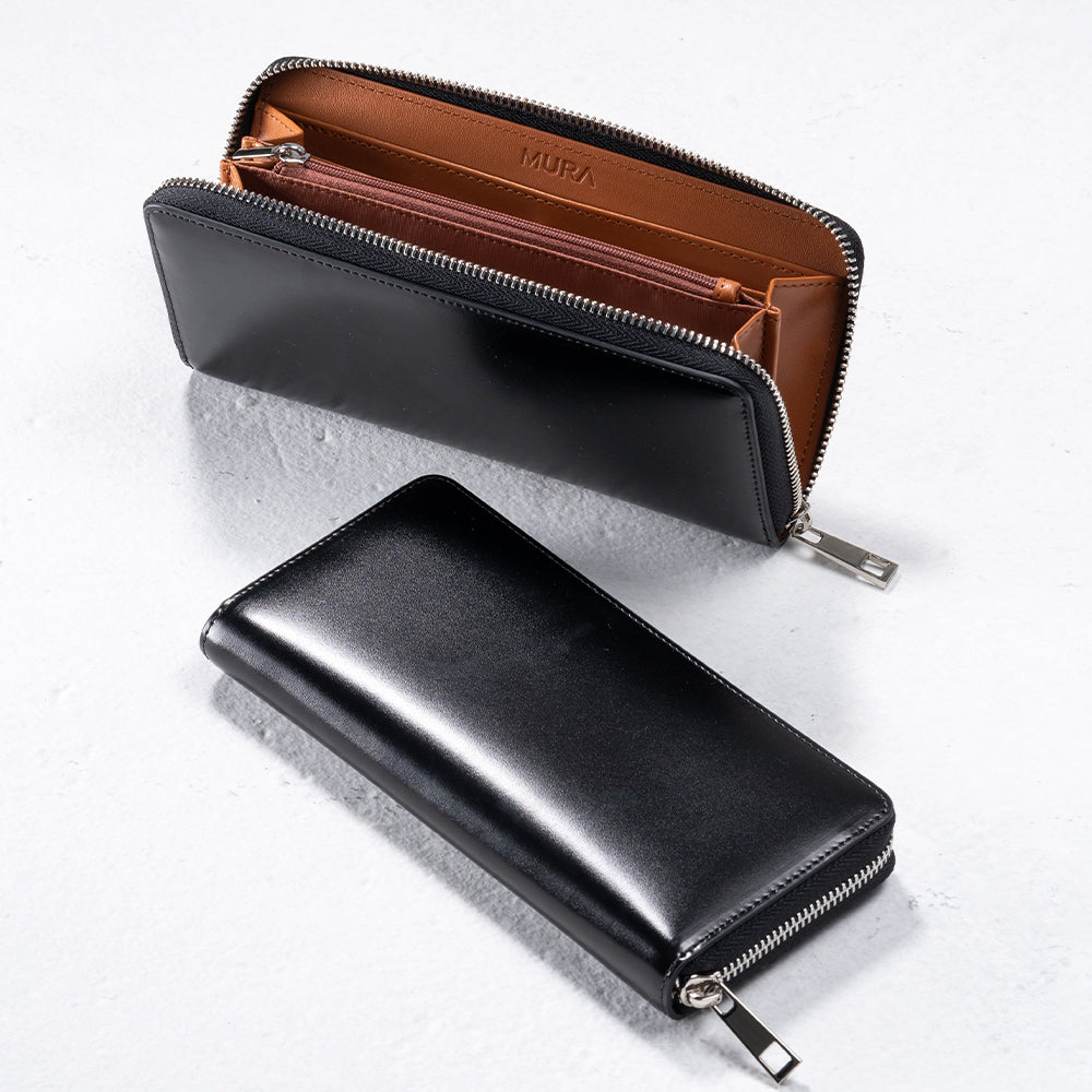 ラウンドファスナー コードバン調/カーボン レザー 長財布