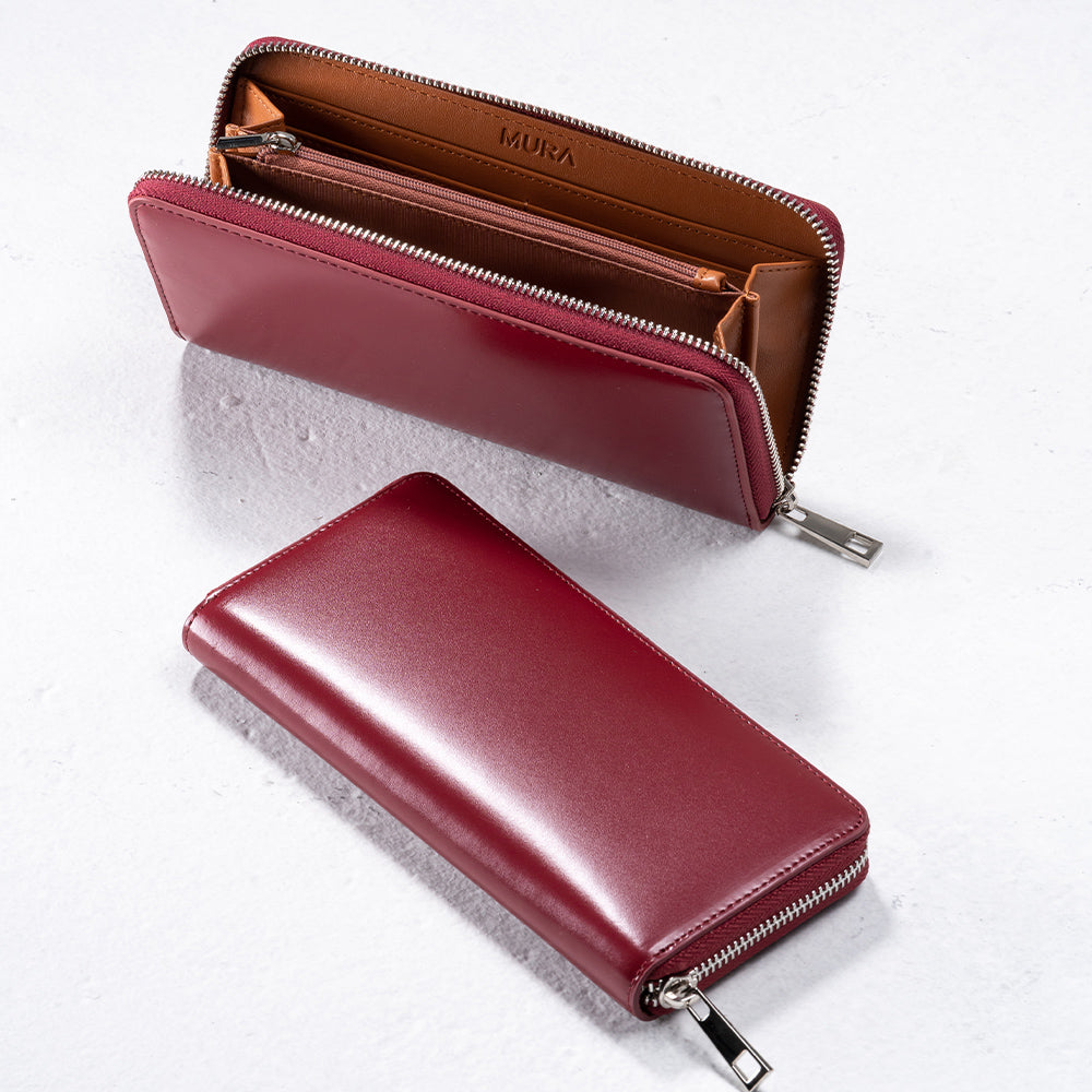 ラウンドファスナー コードバン調/カーボン レザー 長財布