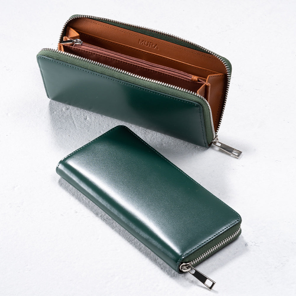 ラウンドファスナー コードバン調/カーボン レザー 長財布