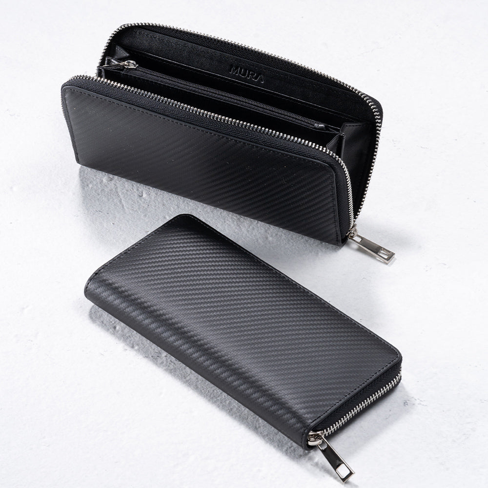 ラウンドファスナー コードバン調/カーボン レザー 長財布