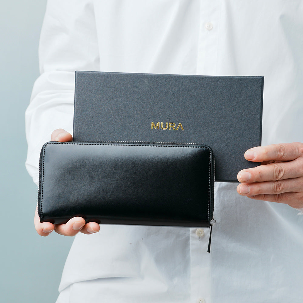 ラウンドファスナー コードバン調/カーボン レザー 長財布