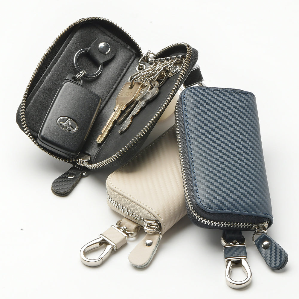 カーボンレザー 本革 6連 ファスナー付き キーケース