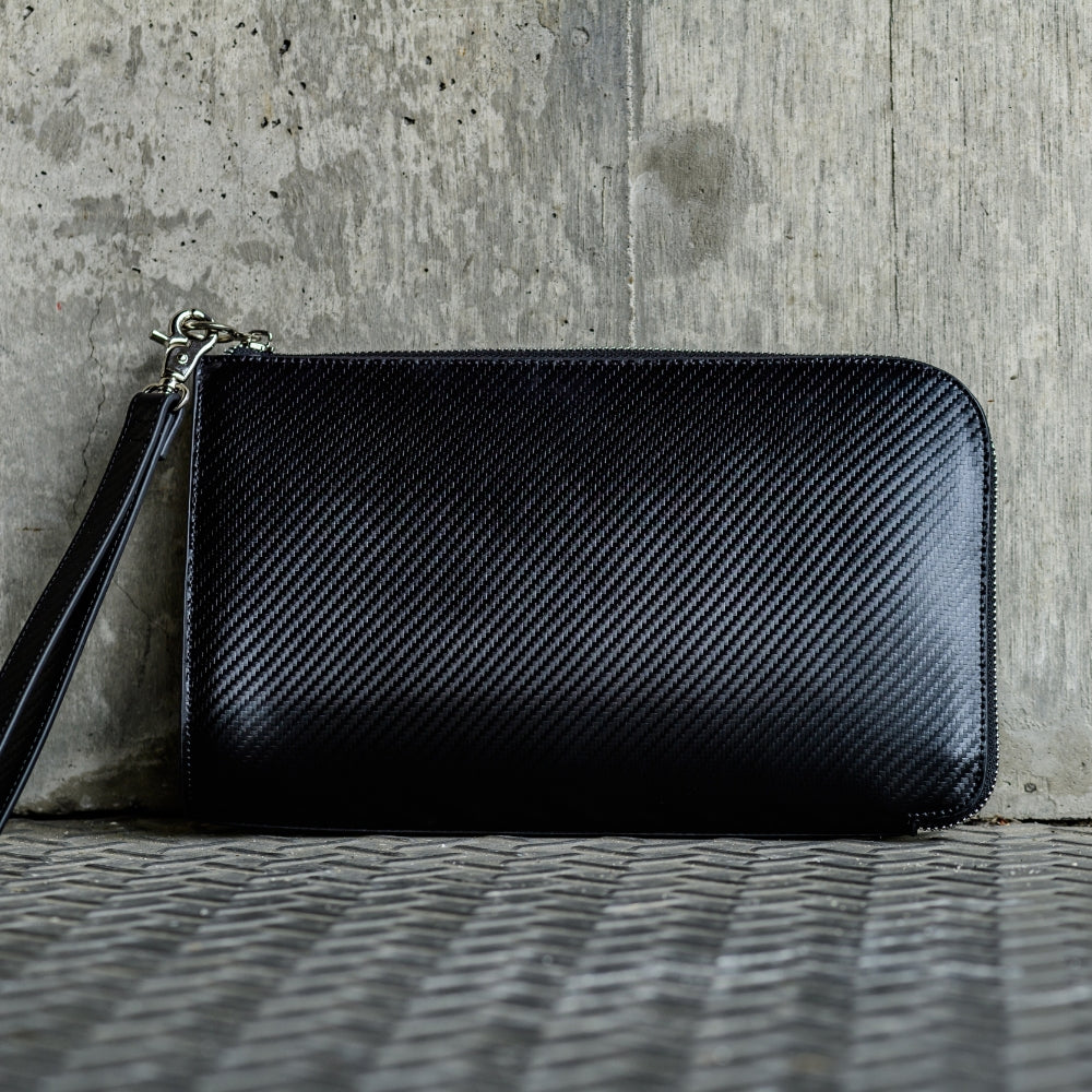 コードバン調/カーボン レザー L字ファスナー コンパクト クラッチバッグ