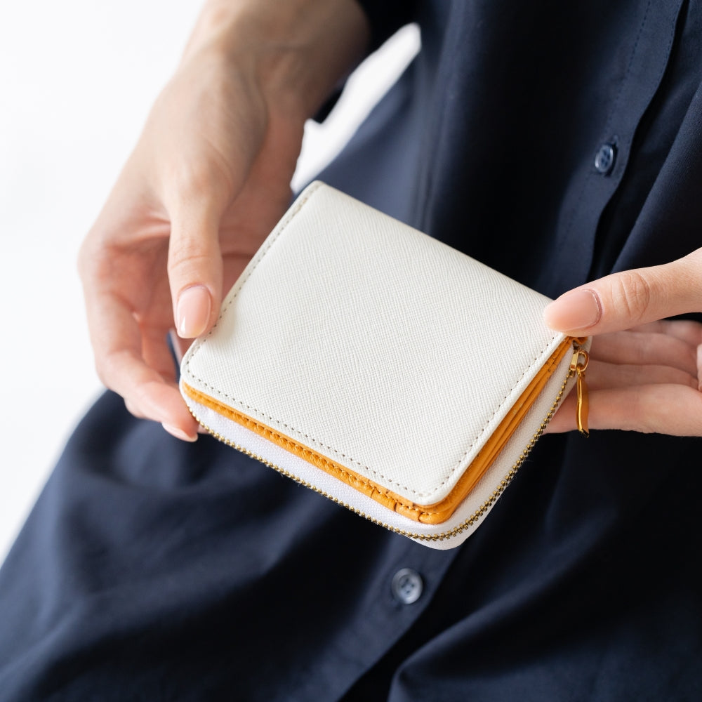 ツートンカラー サフィアーノ&ゴートレザー スキミング防止機能付き ラウンドファスナー 二つ折り財布