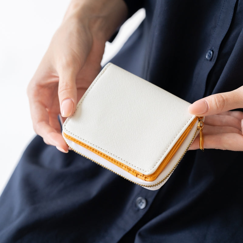 ツートンカラー サフィアーノ&ゴートレザー スキミング防止機能付き ラウンドファスナー 二つ折り財布