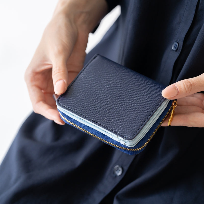 ツートンカラー サフィアーノ&ゴートレザー スキミング防止機能付き ラウンドファスナー 二つ折り財布