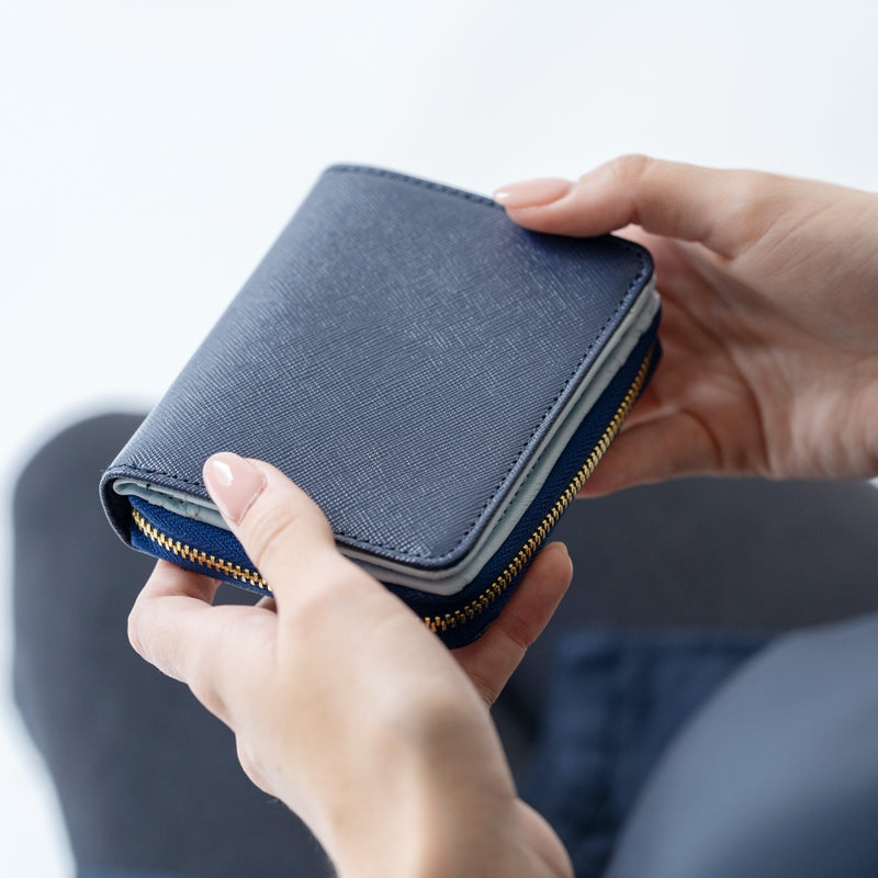 ツートンカラー サフィアーノ&ゴートレザー スキミング防止機能付き ラウンドファスナー 二つ折り財布