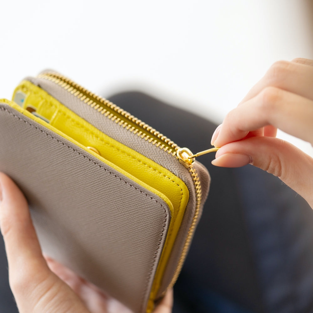 ツートンカラー サフィアーノ&ゴートレザー スキミング防止機能付き ラウンドファスナー 二つ折り財布