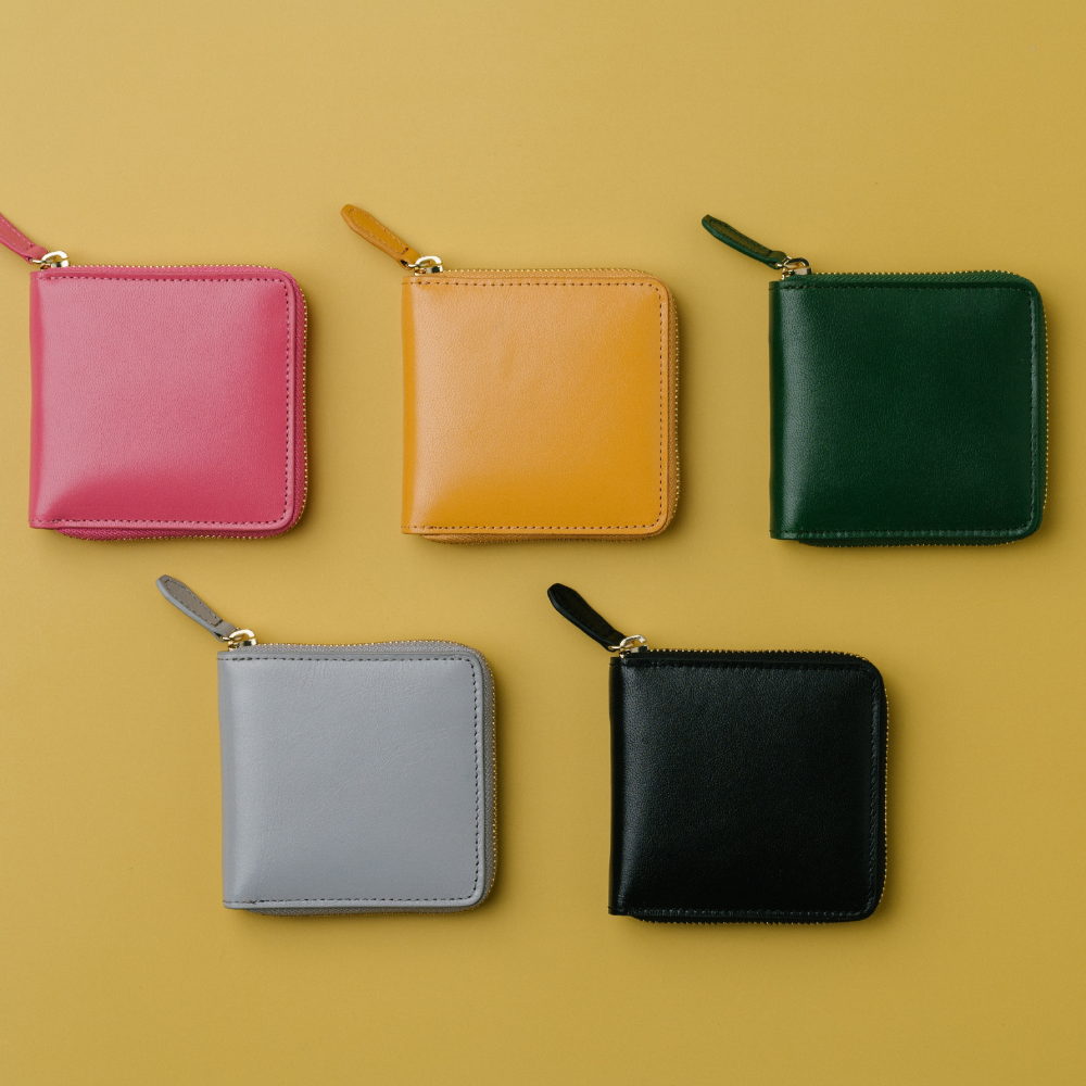 ラウンドファスナー ゴートレザー スキミング防止機能付き スクエア 二つ折り財布