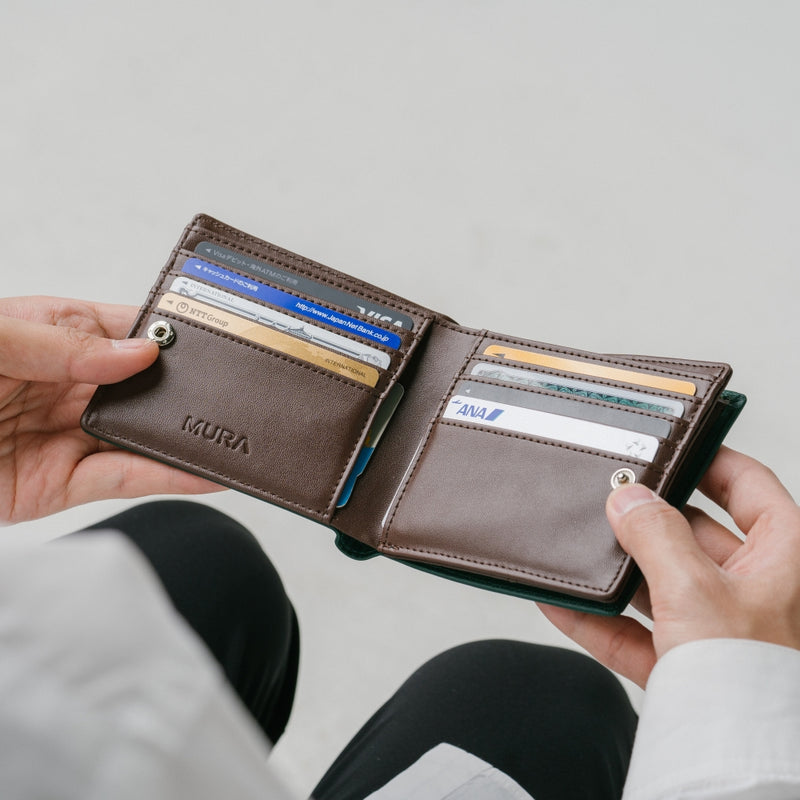 イタリアンレザー スキミング防止機能付き BOX型コイン収納 二つ折り財布