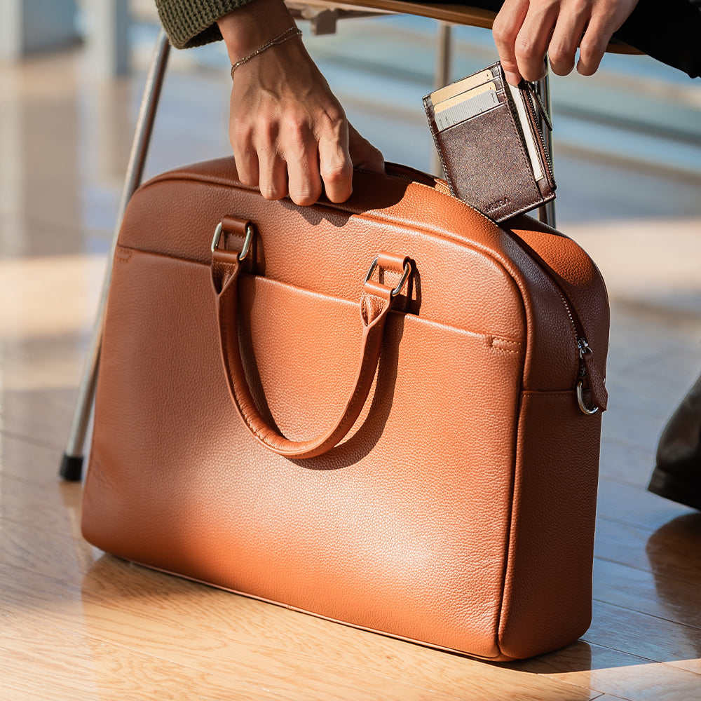 大容量12L ダブルジッパー シュリンクレザー ビジネス ブリーフケース