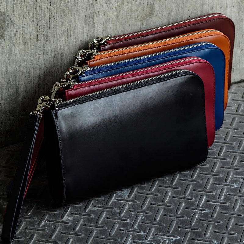 コードバン調/カーボン レザー L字ファスナー コンパクト クラッチバッグ