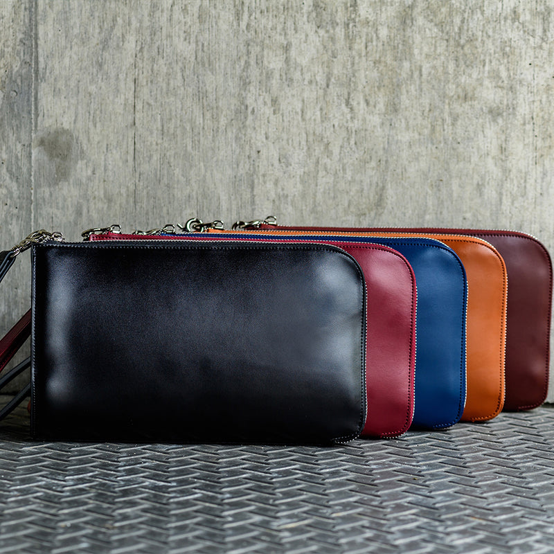 コードバン調/カーボン レザー L字ファスナー コンパクト クラッチバッグ