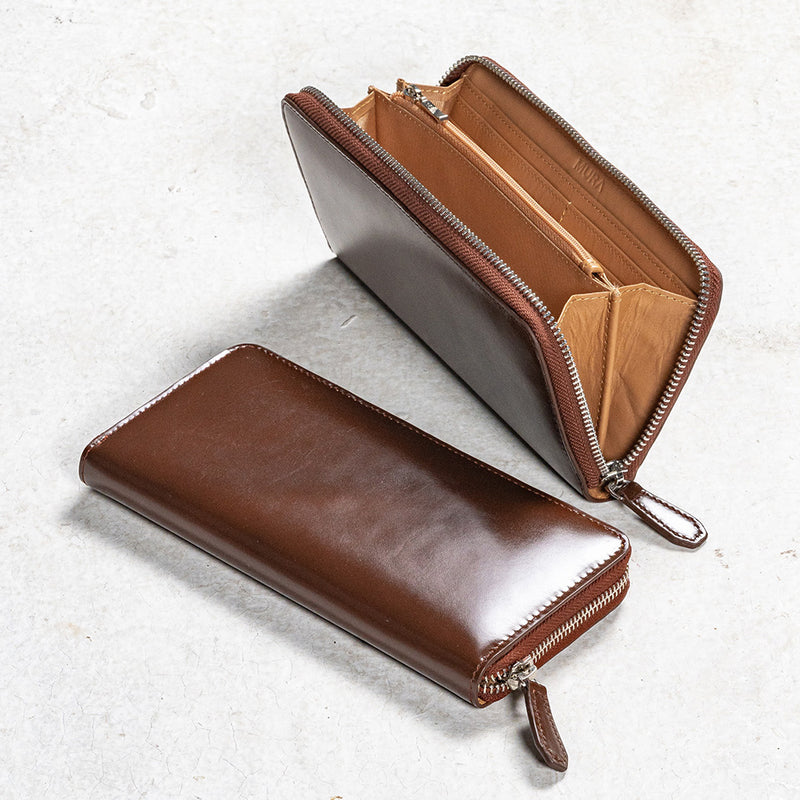 コードバン調 牛本革 フルグレイン スムースレザー YKKラウンドファスナー 長財布