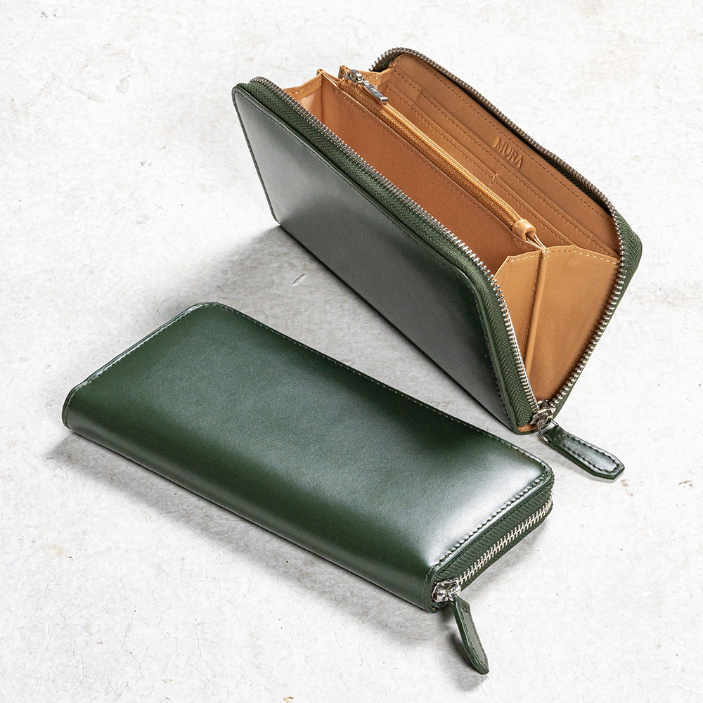 コードバン調 牛本革 フルグレイン スムースレザー YKKラウンドファスナー 長財布