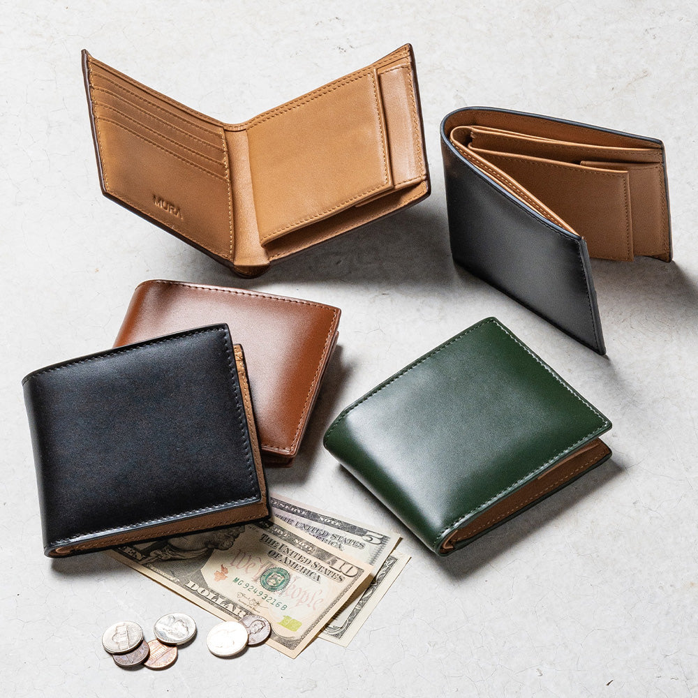 コードバン調 牛本革 フルグレイン スムースレザー ボックス型コイン収納 二つ折り財布