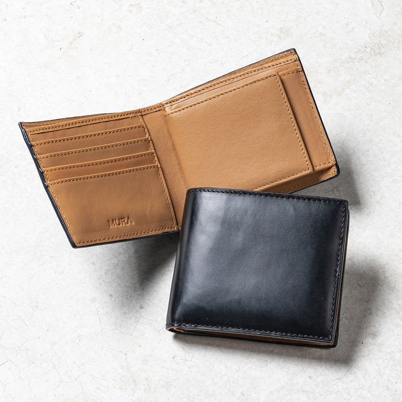 コードバン調 牛本革 フルグレイン スムースレザー ボックス型コイン収納 二つ折り財布