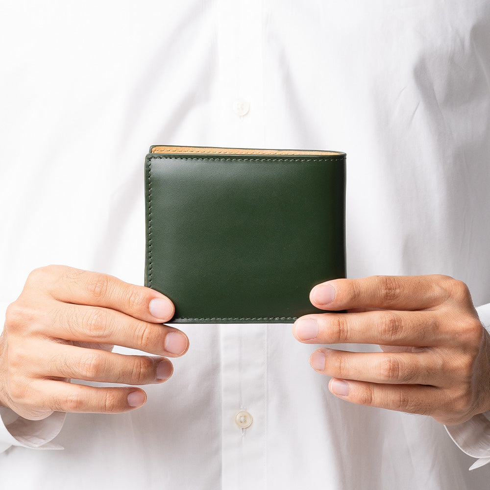 コードバン調 牛本革 フルグレイン スムースレザー ボックス型コイン収納 二つ折り財布